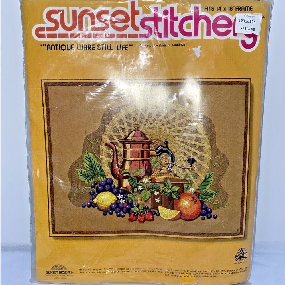 Sunset Stitchery NOS 'ANTIQUE WARE STILL LIFE' Crewel Kit #2292 14 x 18" Crafts